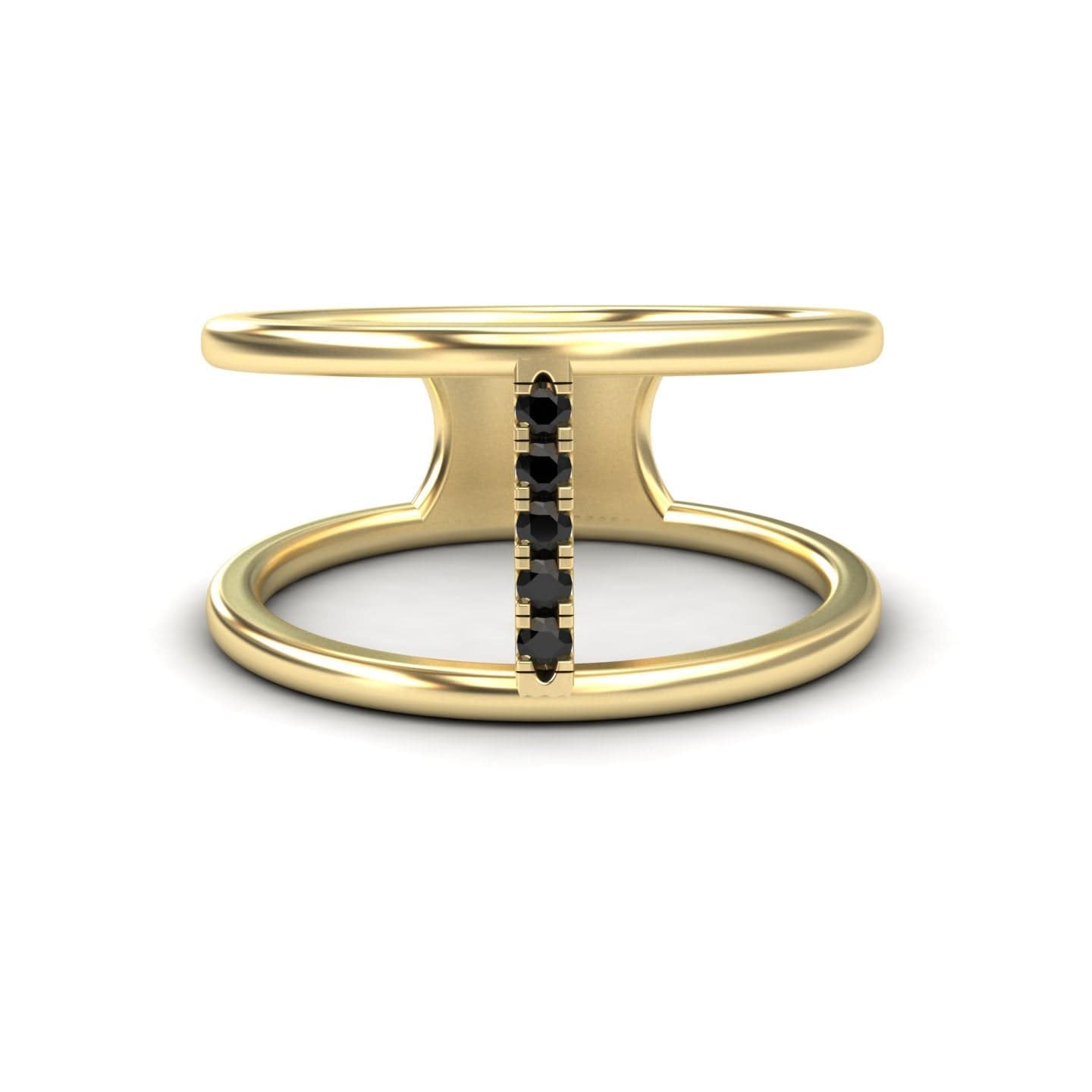 The Black Diamond Vertical Bar Split Band Ring - Opal features two modern gold bands joined by a central vertical bar set with small black diamonds, shown against a white background.