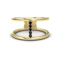 The Black Diamond Vertical Bar Split Band Ring - Opal features two modern gold bands joined by a central vertical bar set with small black diamonds, shown against a white background.