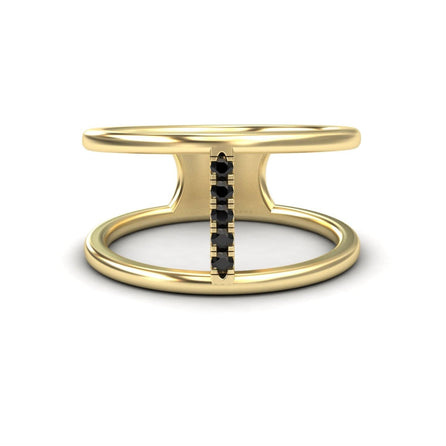 The Black Diamond Vertical Bar Split Band Ring - Opal features two modern gold bands joined by a central vertical bar set with small black diamonds, shown against a white background.