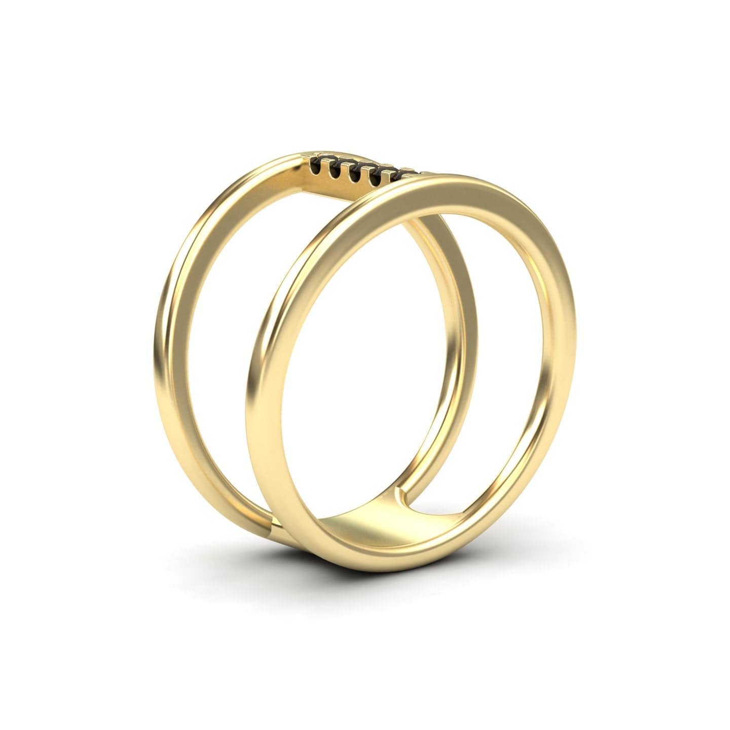 The Black Diamond Vertical Bar Split Band Ring - Opal is a modern gold ring with a double band and black stones along one edge, shown upright on a white background.
