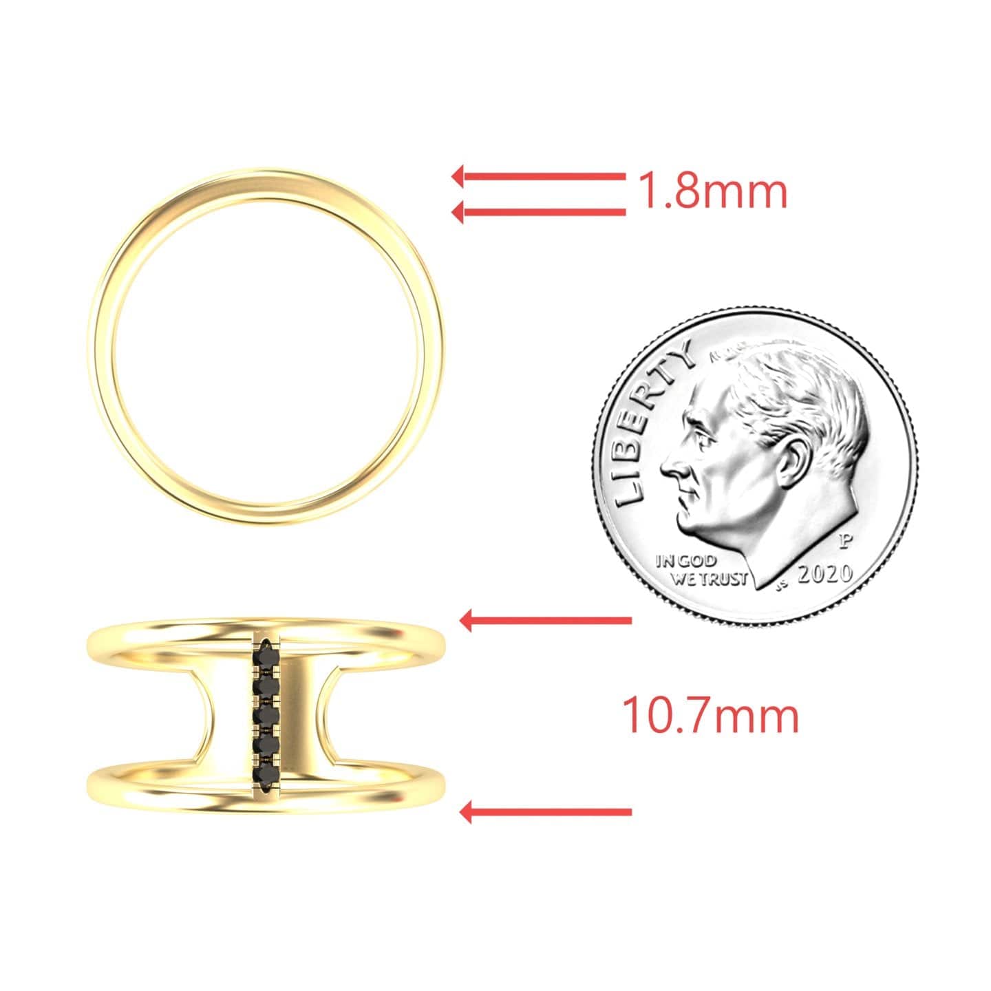 The Black Diamond Vertical Bar Split Band Ring - Opal is shown by a 2020 dime for scale. The gold ring has a row of black stones, measures 1.8 mm thick and 10.7 mm wide, and features an elegant bar design.