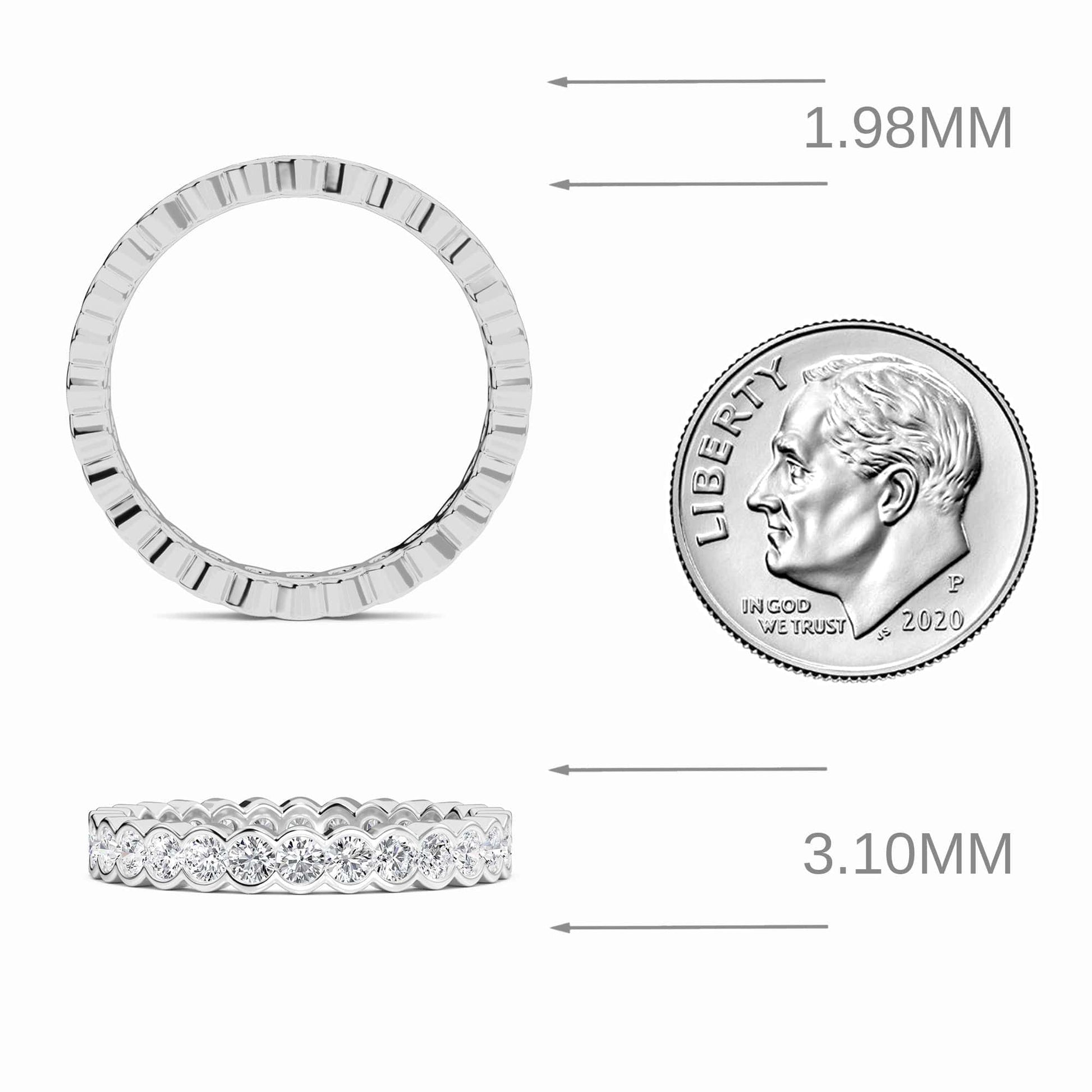white gold ring with measurements shown next to a quarter for scale on a white background