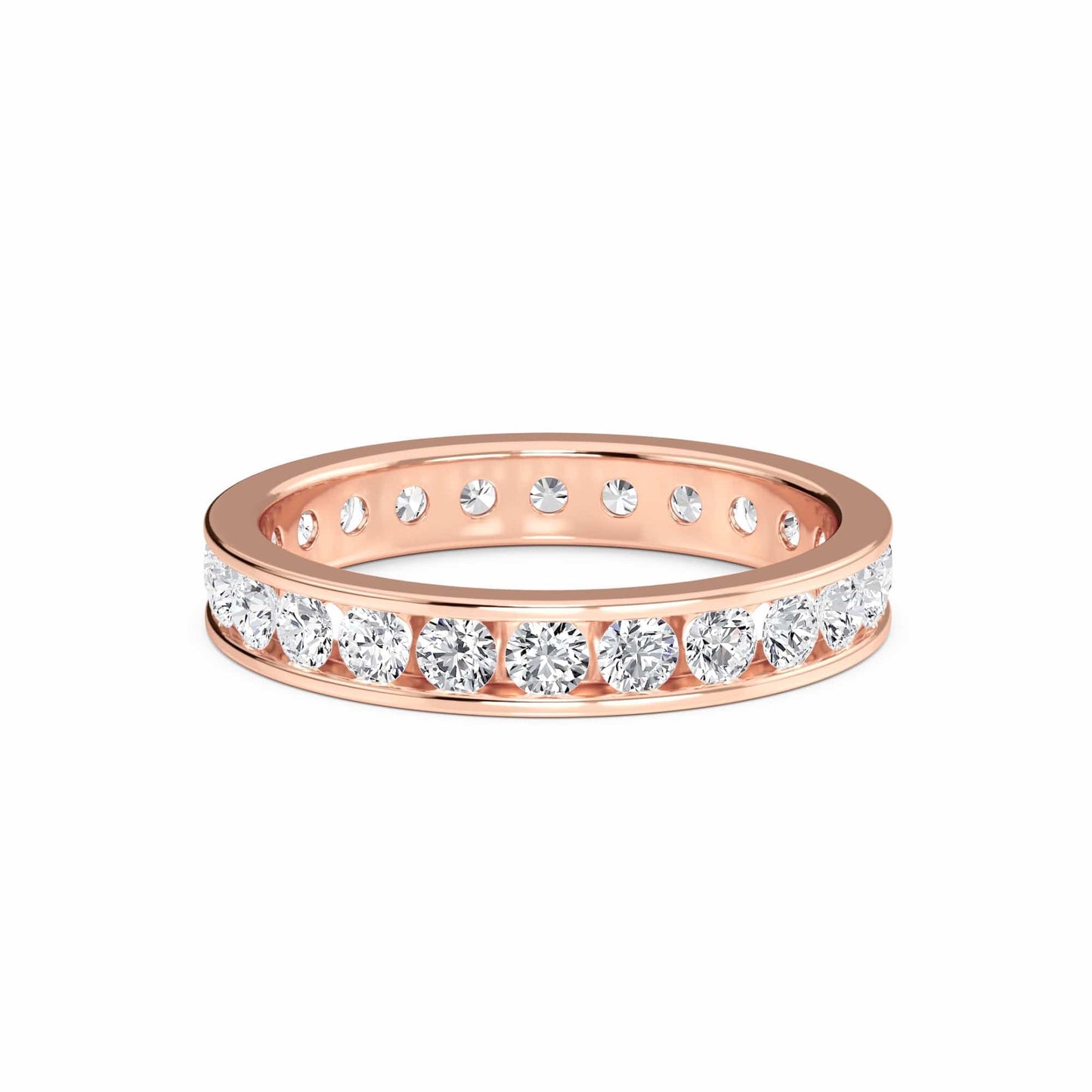 Rose gold ring with diamonds on a white background