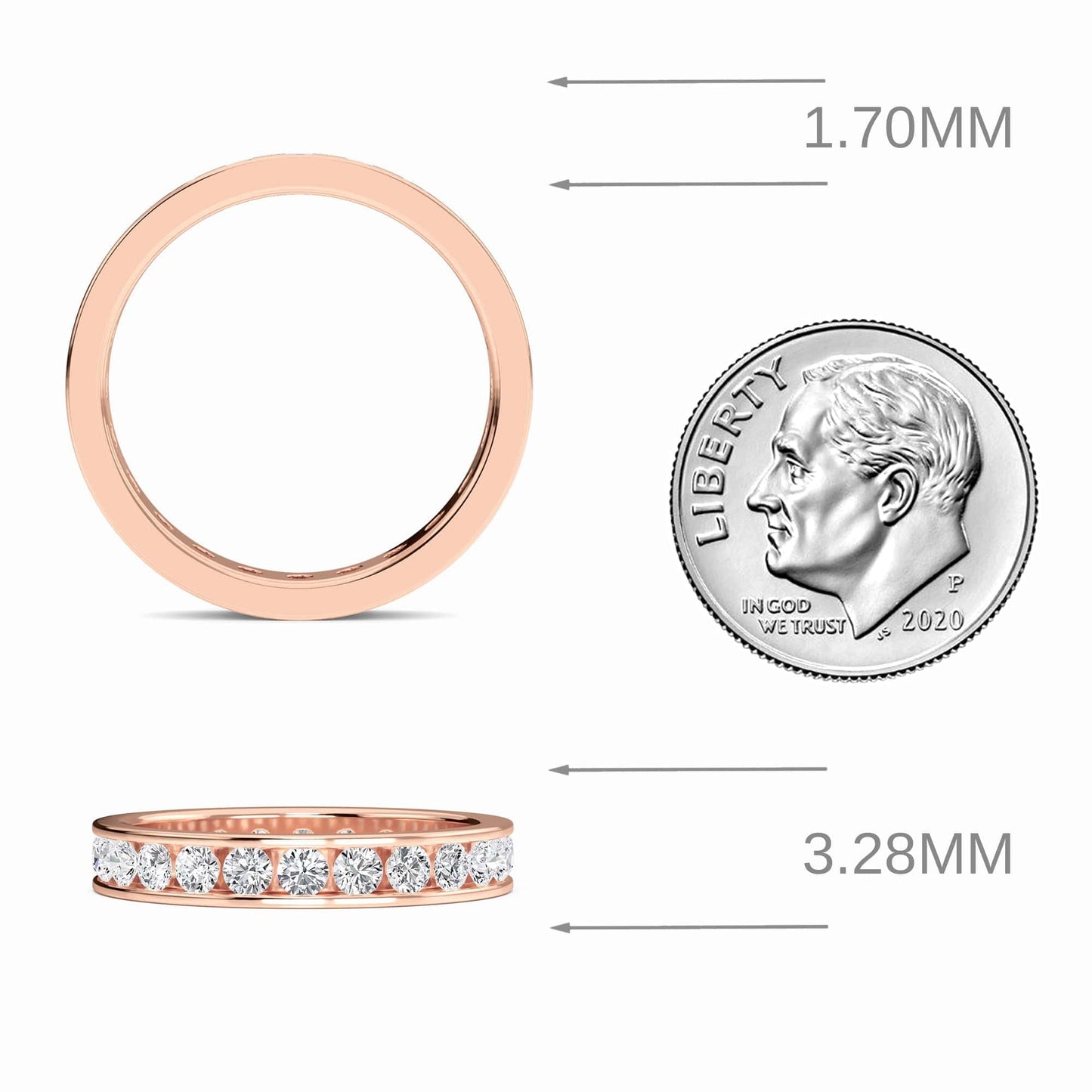 Rose gold ring with width measurement next to a quarter