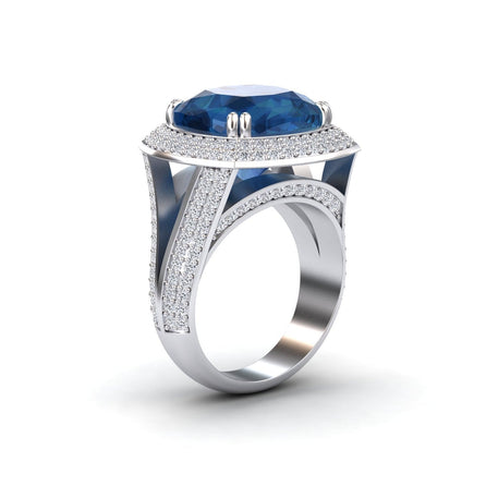 London Blue Topaz & Diamond Halo Statement Ring - Pooja