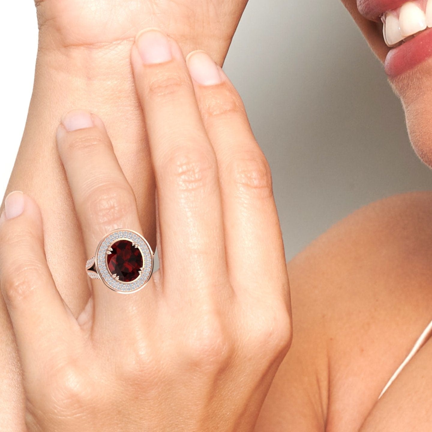 Garnet & Diamond Halo Statement Ring - Roma