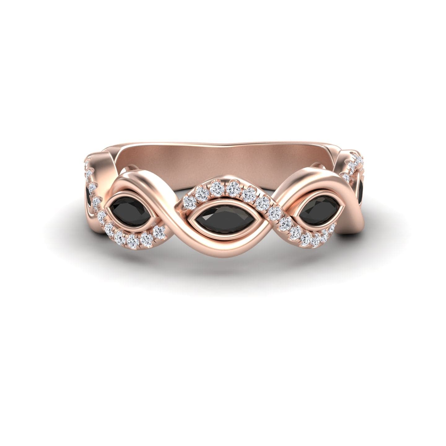 The Selma Black & White Diamond Infinity Twist Band features a rose gold infinity loop with three marquise black stones and white diamond accents, beautifully displayed on a white background.