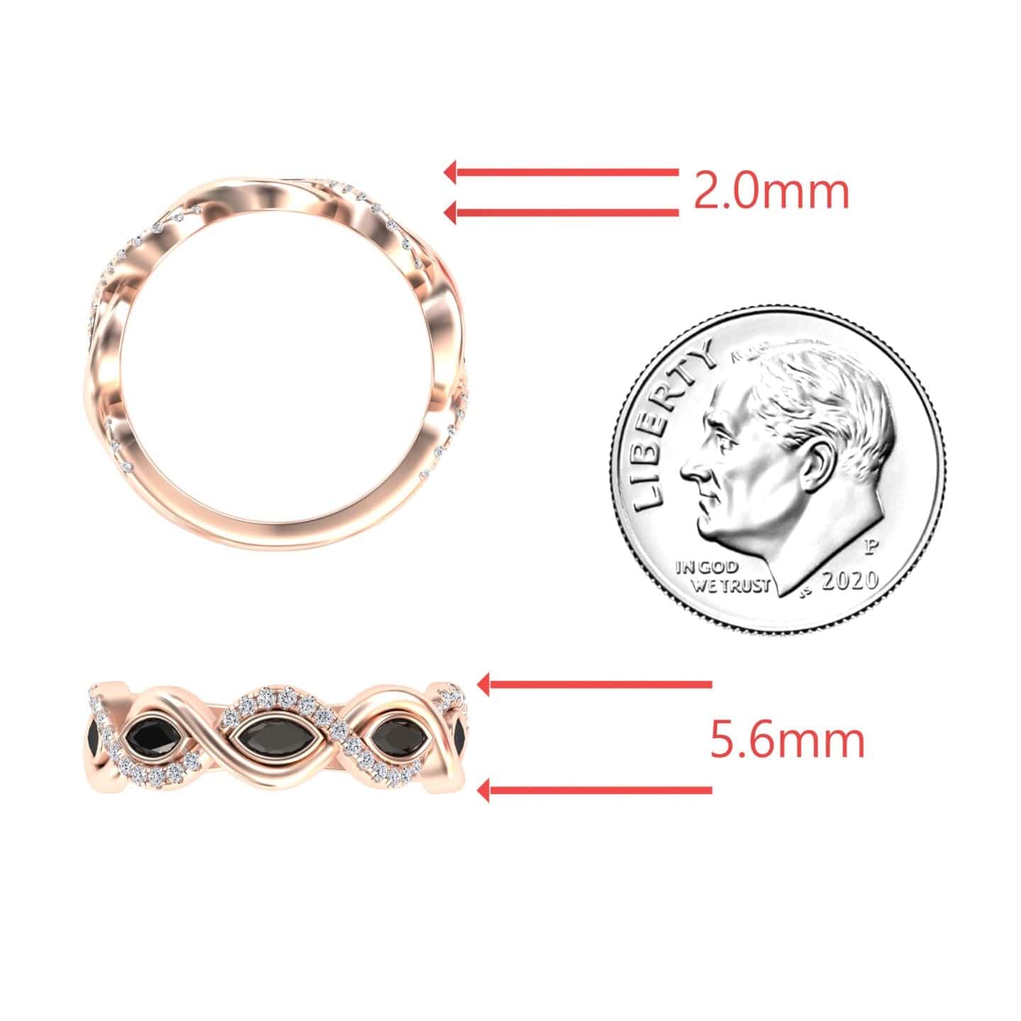 The Black & White Diamond Infinity Twist Band - Selma, a rose gold ring with black and white stones, is shown next to a U.S. dime for scale. The ring measures 2.0mm in width and 5.6mm in height.