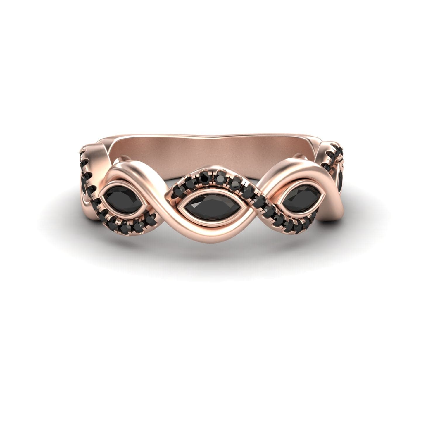 The Black Diamond Infinity Twist Band - Selma is a rose gold ring with a twisted band, featuring marquise-shaped black stones and small black stones set along its curves.