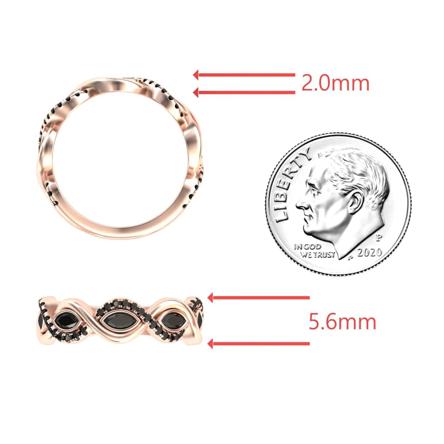 The Black Diamond Infinity Twist Band - Selma in rose gold is shown from two angles next to a US dime for size reference. Red arrows indicate the ring measures 2.0 mm thick and 5.6 mm wide.