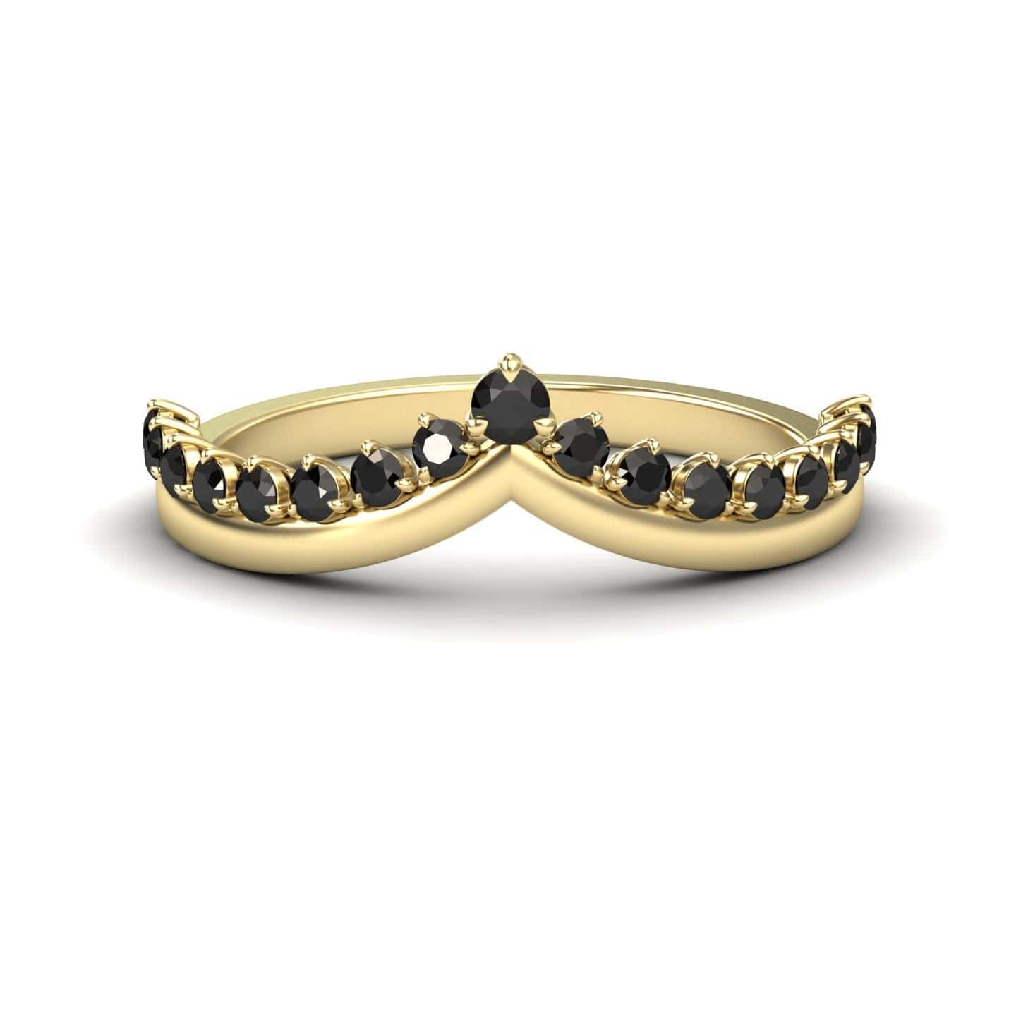 The Black Diamond Cybelle Chevron Wedding Band by Yizhen features a gold band with a crown-like chevron design, set with small round black diamonds along the band and a larger black diamond at the center peak.