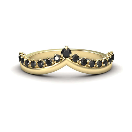 The Black Diamond Cybelle Chevron Wedding Band by Yizhen features a gold band with a crown-like chevron design, set with small round black diamonds along the band and a larger black diamond at the center peak.