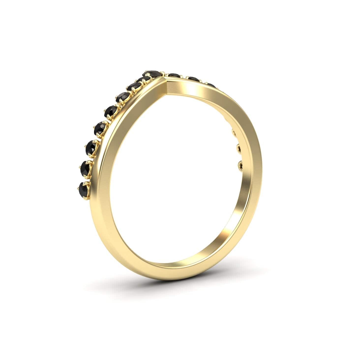 The Yizhen Black Diamond Cybelle Chevron Wedding Band features a row of small, round black diamonds set atop a gold band, displayed on a white background.