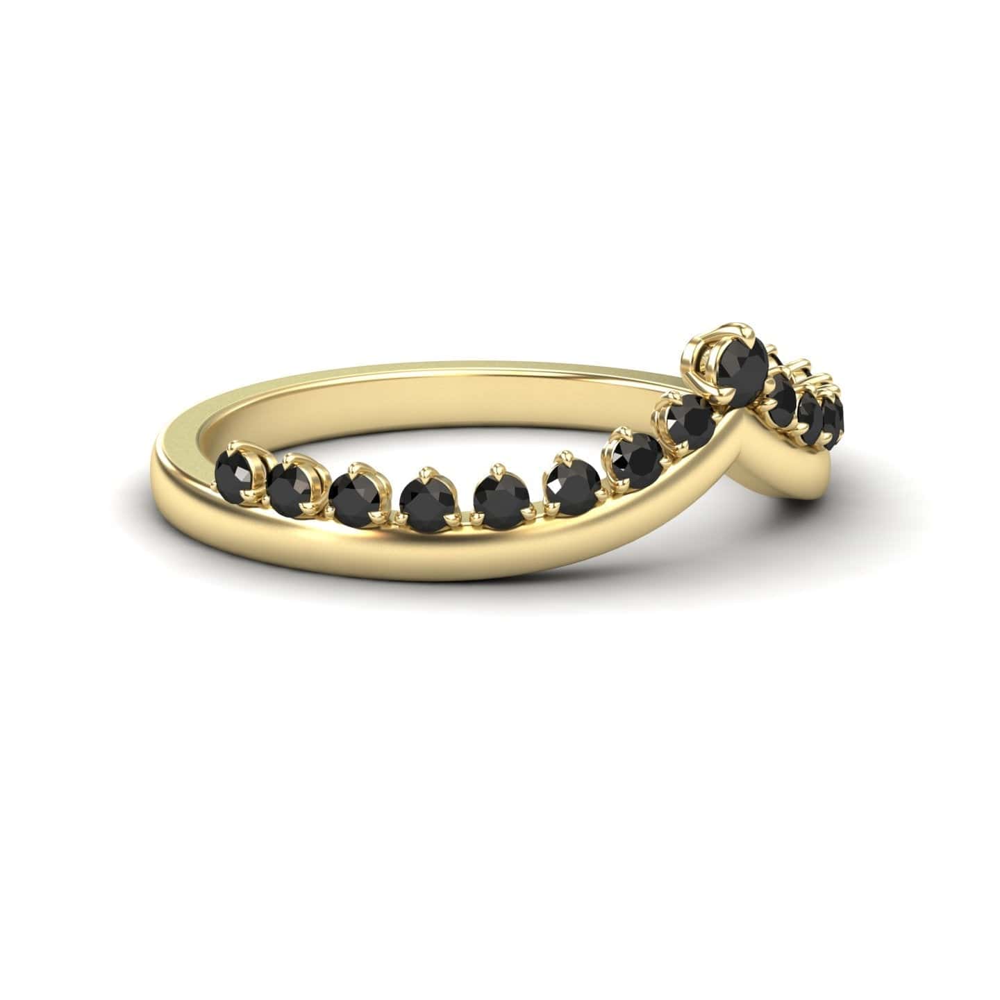 The Black Diamond Cybelle Chevron Wedding Band by Yizhen is a delicate gold ring with a curved chevron band, adorned with a row of small black diamonds in a wave shape, showcased against a white background.
