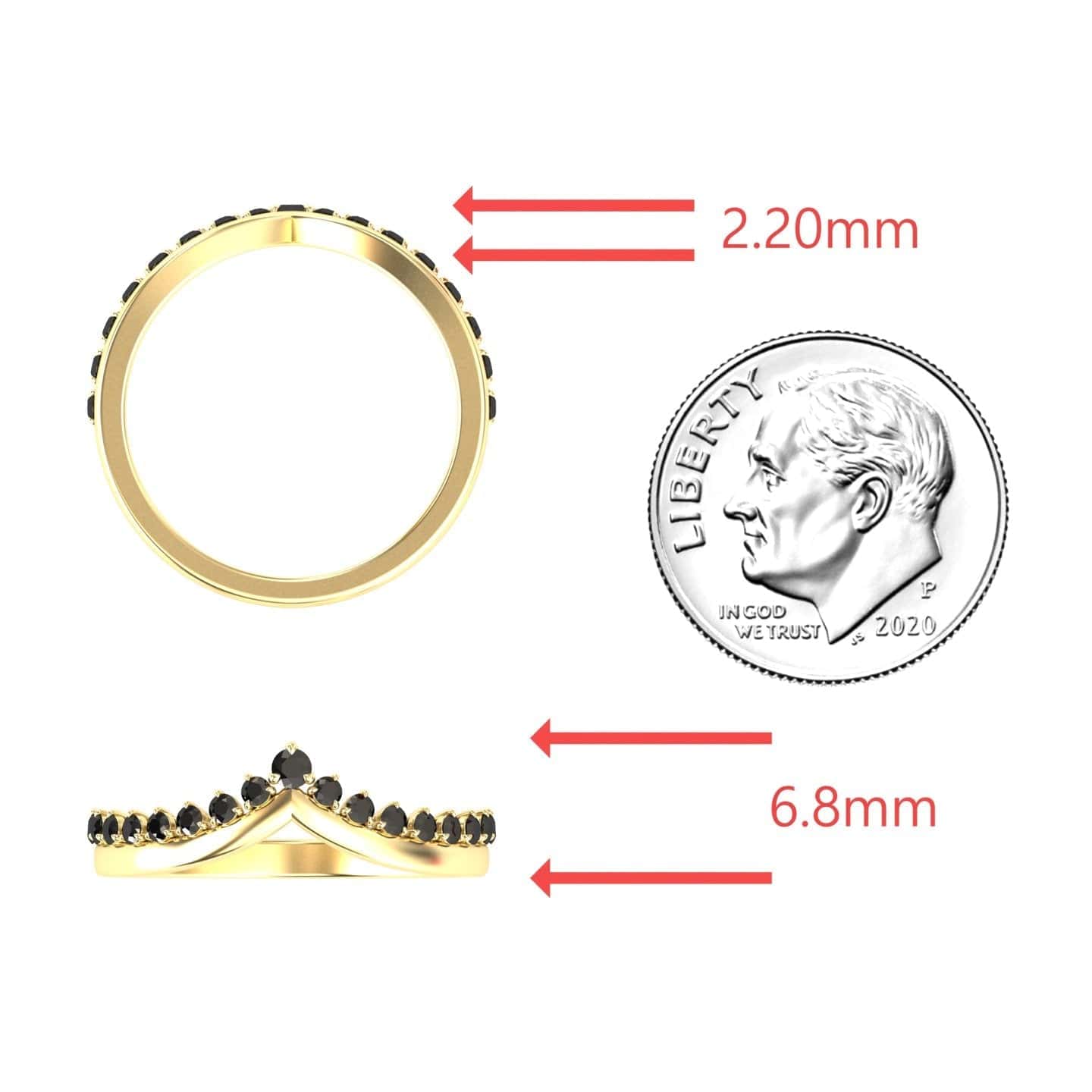 The Black Diamond Cybelle Chevron Wedding Band - Yizhen is shown from the top and side beside a U.S. dime for scale, with red arrows indicating the band is 2.20mm wide and 6.8mm tall at its highest point.