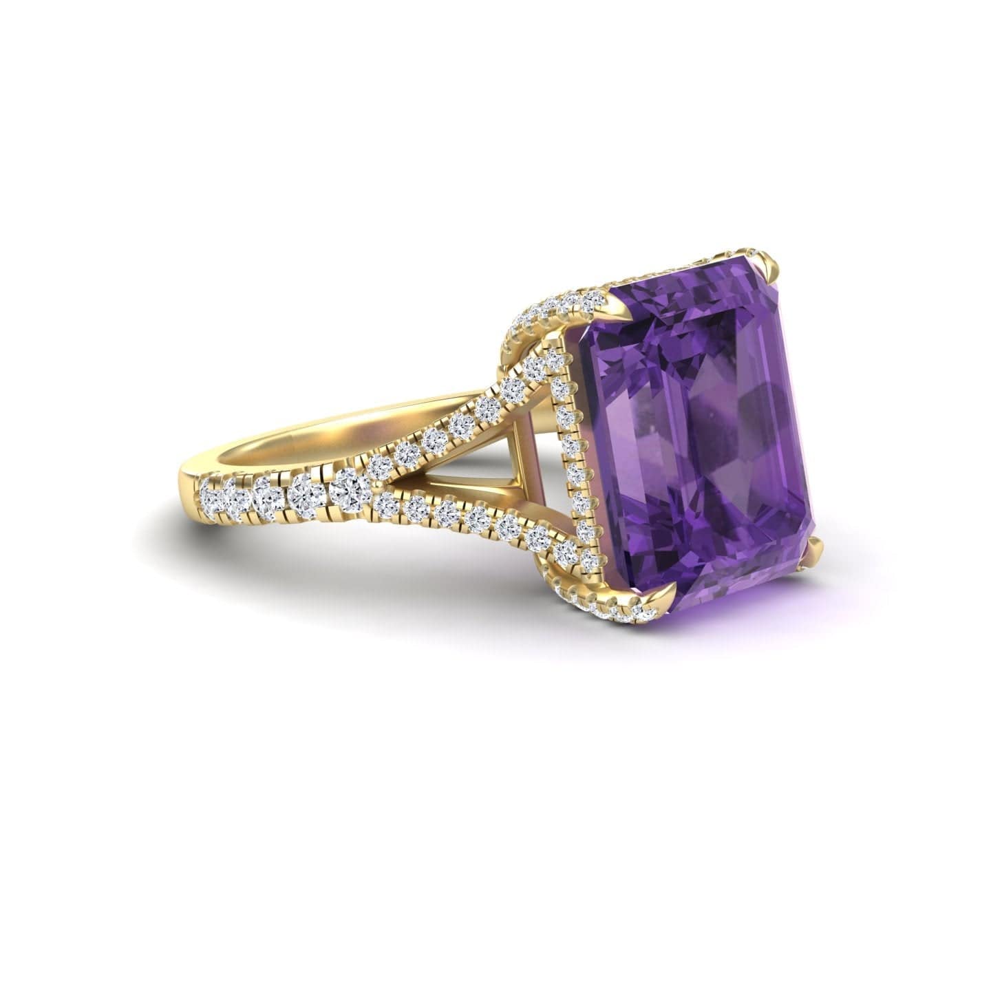 The Amethyst & Diamond Cocktail Ring - Ziya features a large rectangular amethyst centerpiece set in gold, accented with small round white diamonds along the band and setting.