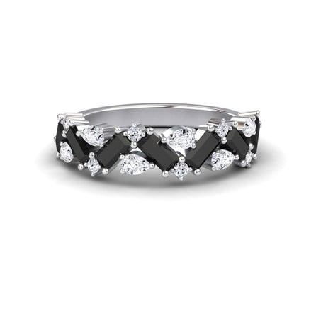 The Black & White Diamond Zigzag Eternity Band - Aimee features a silver design with alternating rectangular black stones and round and marquise-cut clear stones in a striking crisscross pattern.