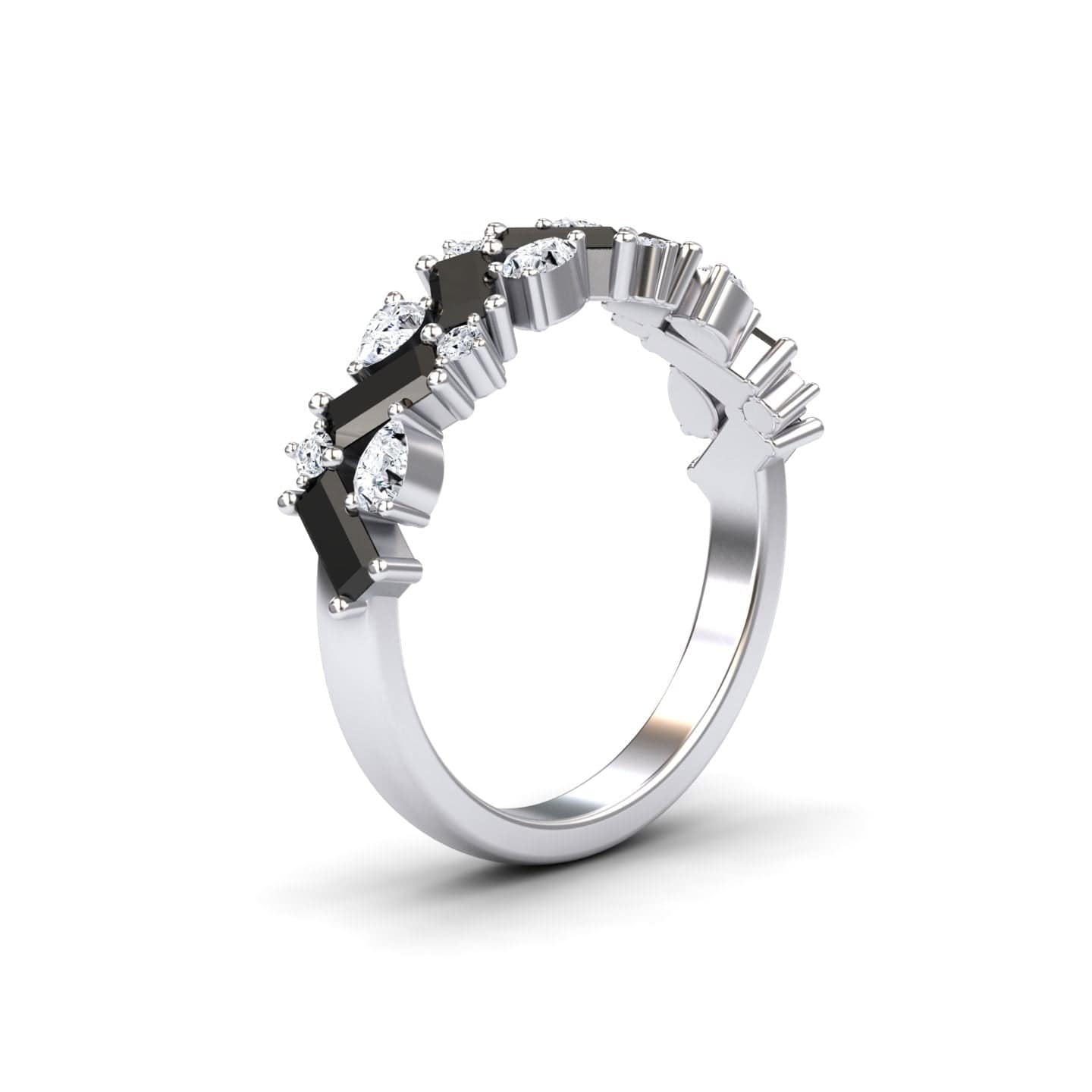 The Aimee Black & White Diamond Zigzag Eternity Band features alternating black and clear gemstones in a sleek zigzag pattern on a silver band, creating a modern, elegant look against a plain white background.