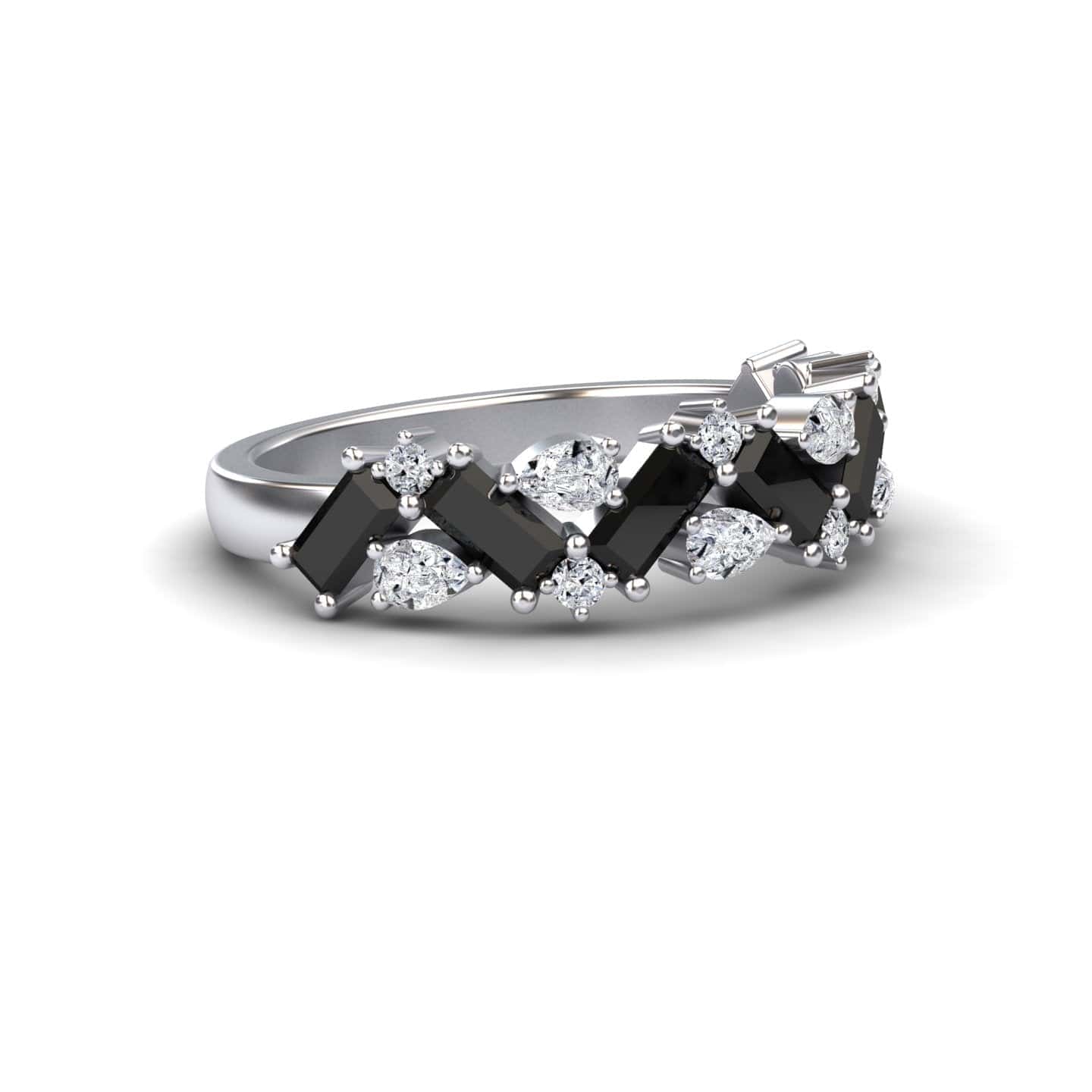The Black & White Diamond Zigzag Eternity Band - Aimee features alternating marquise and round white stones with rectangular black gems set in a unique zigzag pattern along the silver band.