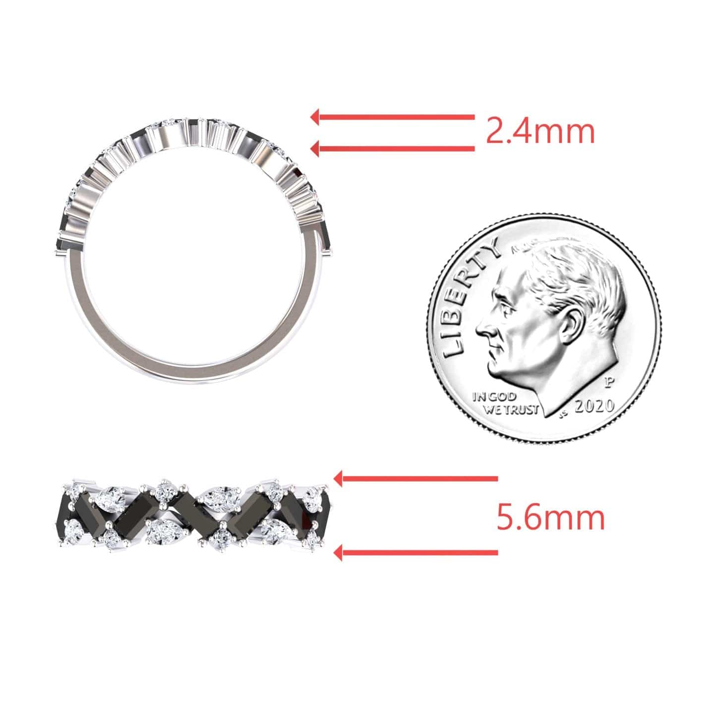 The Black & White Diamond Zigzag Eternity Band - Aimee is shown from the top and side, with red arrows marking 2.4mm and 5.6mm measurements. A U.S. dime is included for size reference.