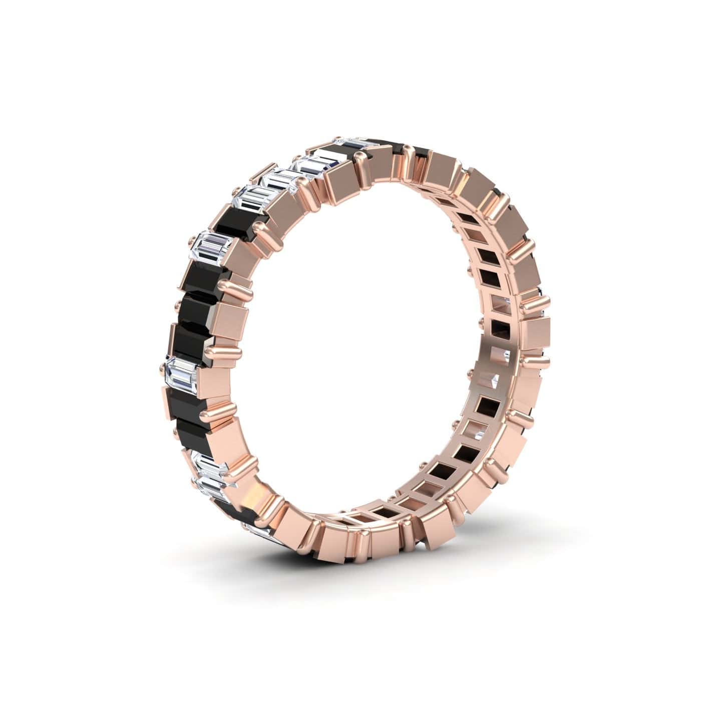 The Black & White Diamond Classic Eternity Band - Samantha is a rose gold band with alternating rectangular black and clear gemstones encircling the ring.