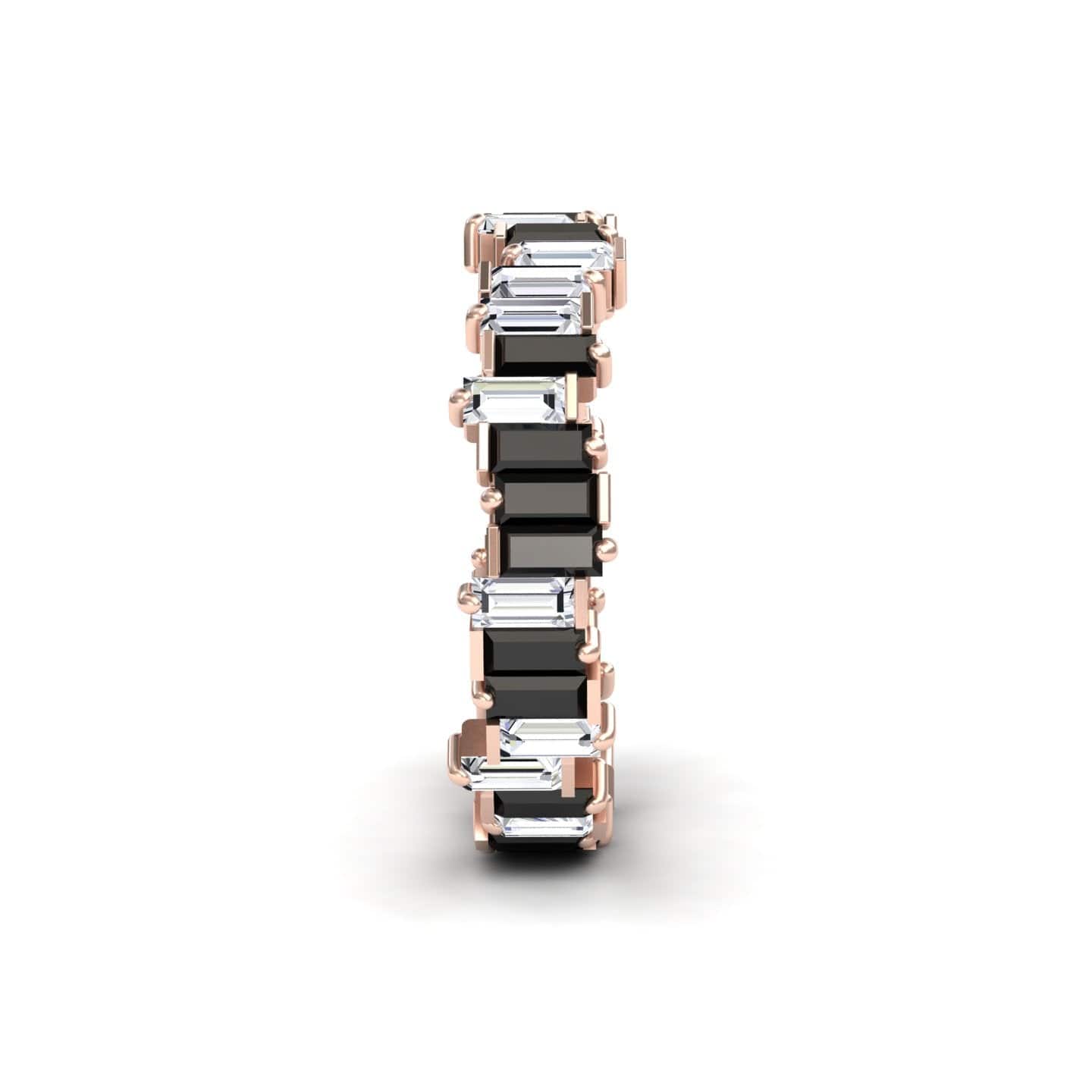The Black & White Diamond Classic Eternity Band - Samantha features alternating rectangular black and white diamonds set in a rose gold band, shown vertically on a white background.