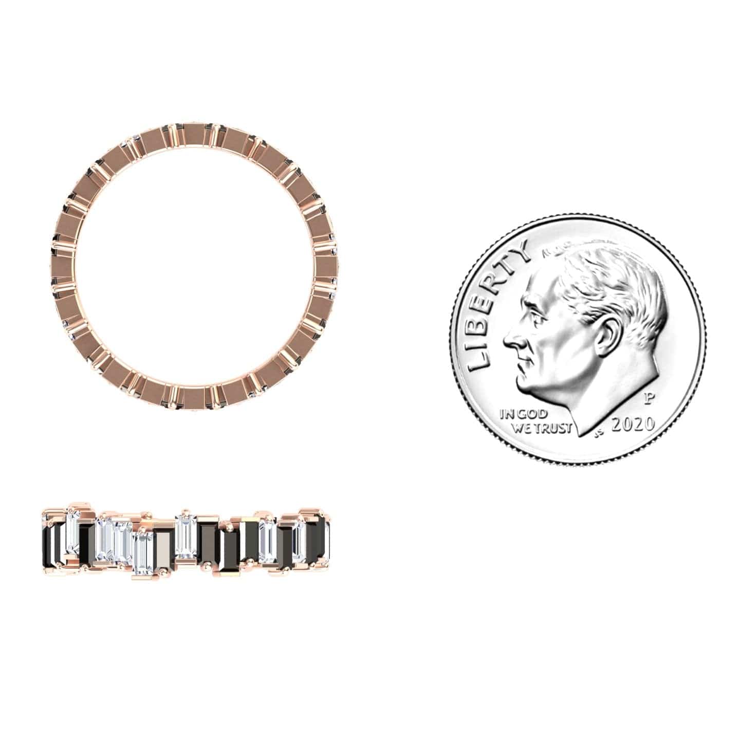 The Black & White Diamond Classic Eternity Band - Samantha is shown next to a 2020 U.S. dime for size reference, featuring alternating rectangular white and black stones. Images display the ring from both top and side views.