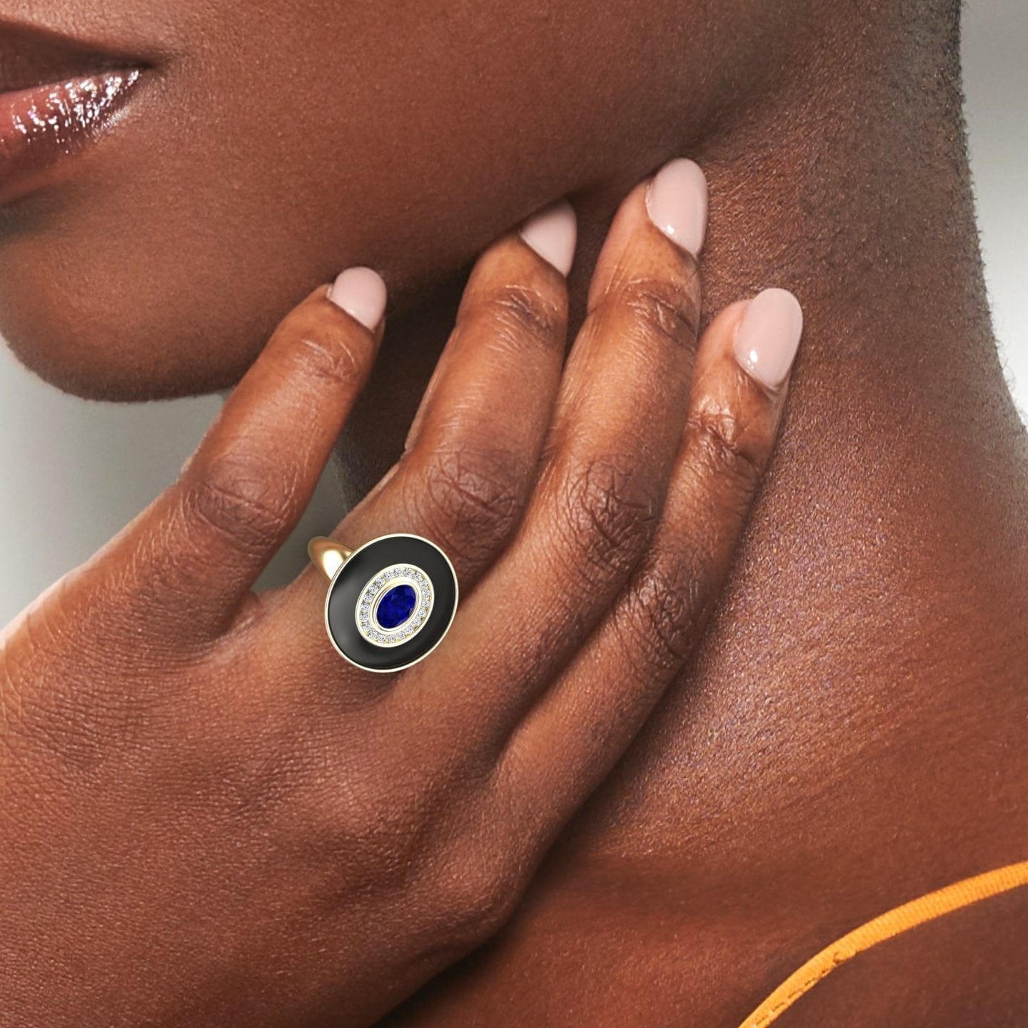 Blue Sapphire & Diamond Black Enamel Halo Ring - Camille