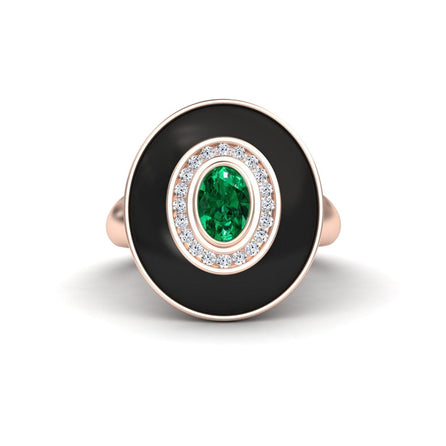 Emerald & Diamond Black Enamel Halo Ring - Camille