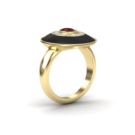 Ruby & Diamond Black Enamel Halo Ring - Camille