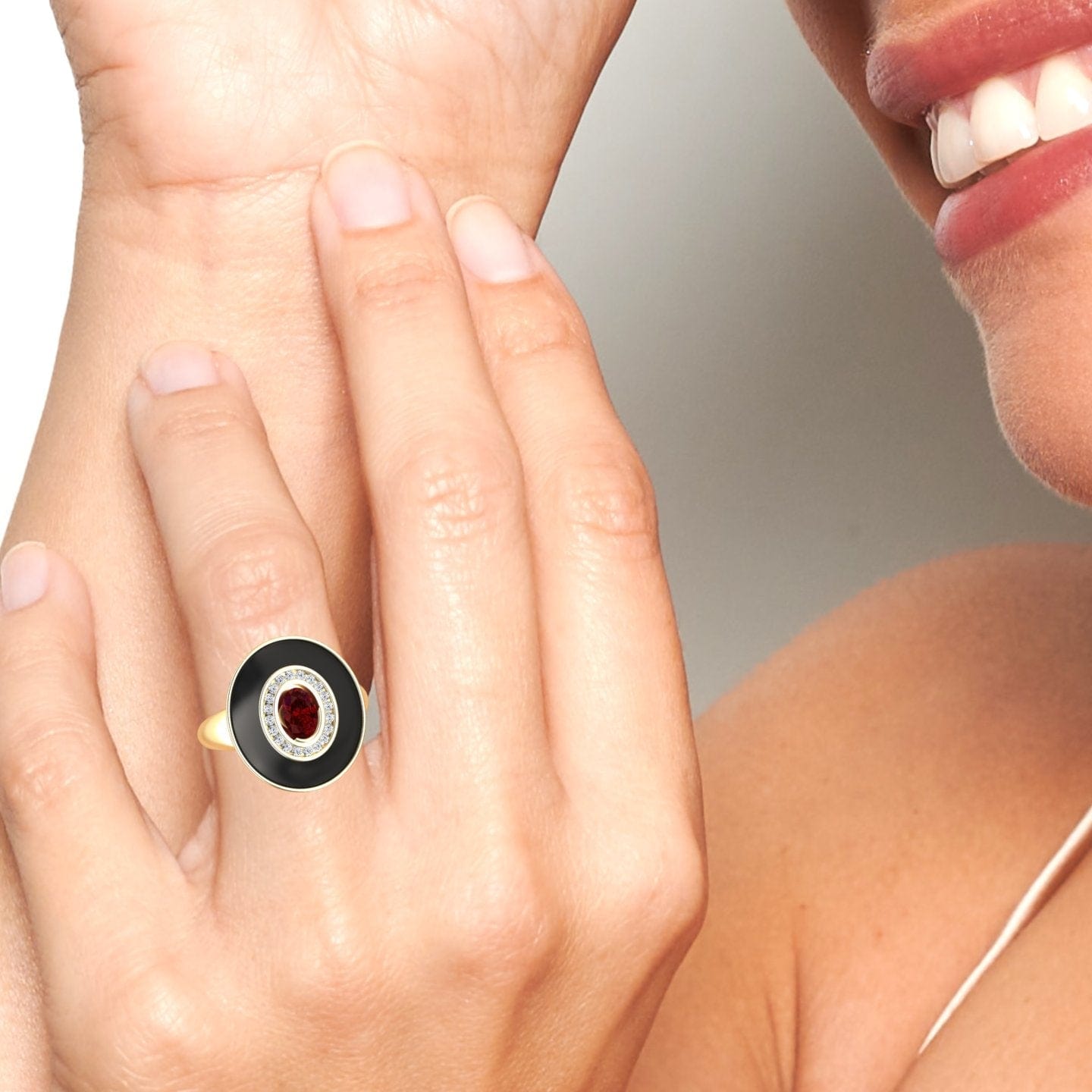 Ruby & Diamond Black Enamel Halo Ring - Camille