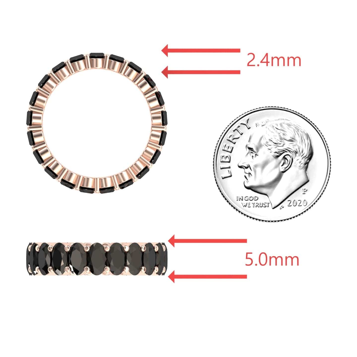 The Black Diamond Full Eternity Band - Diana, a rose gold ring with black gemstones, is displayed beside a U.S. dime for scale. Red arrows show the bandโs width as 5.0 mm and thickness as 2.4 mm.