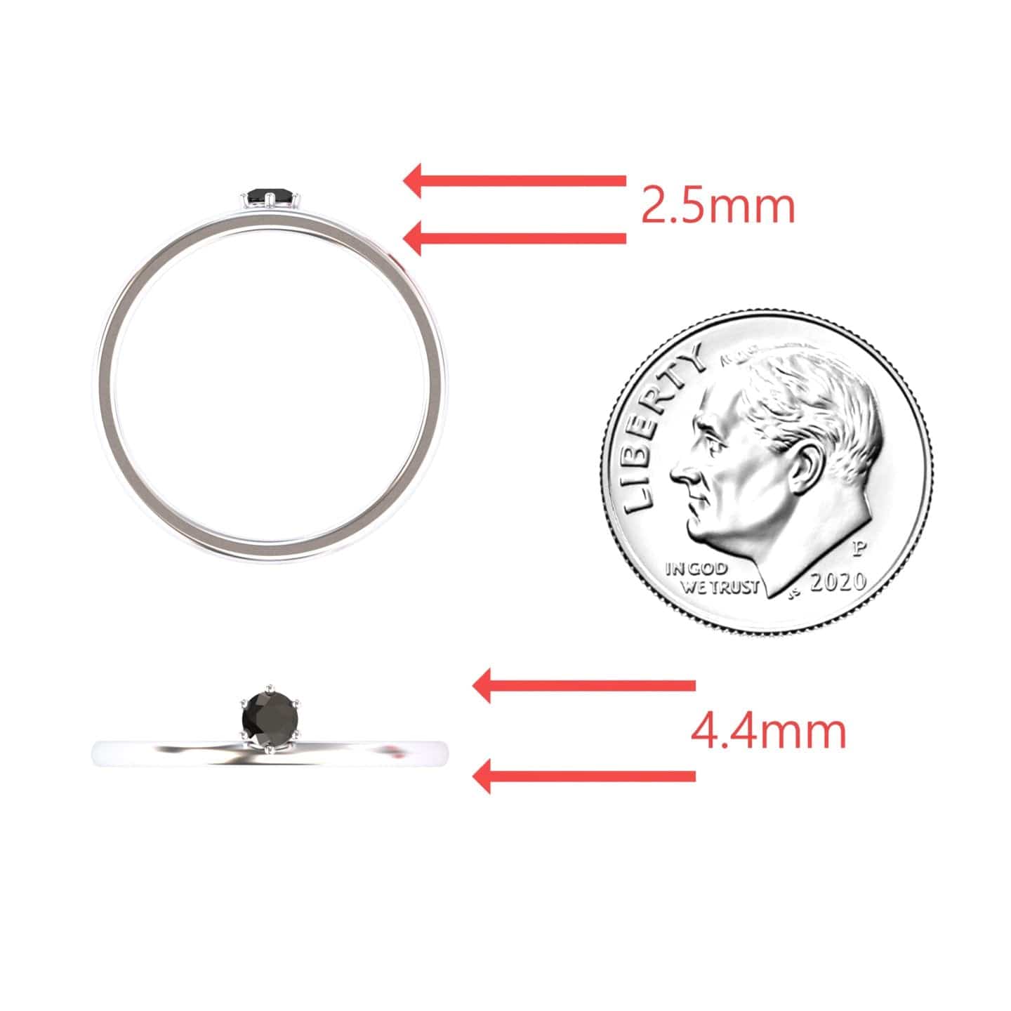 The Black Diamond Solitaire Petite Ring - Faria is pictured beside a US dime for scale. Arrows show the band thickness: 2.5mm when viewed from above and 4.4mm from the side.