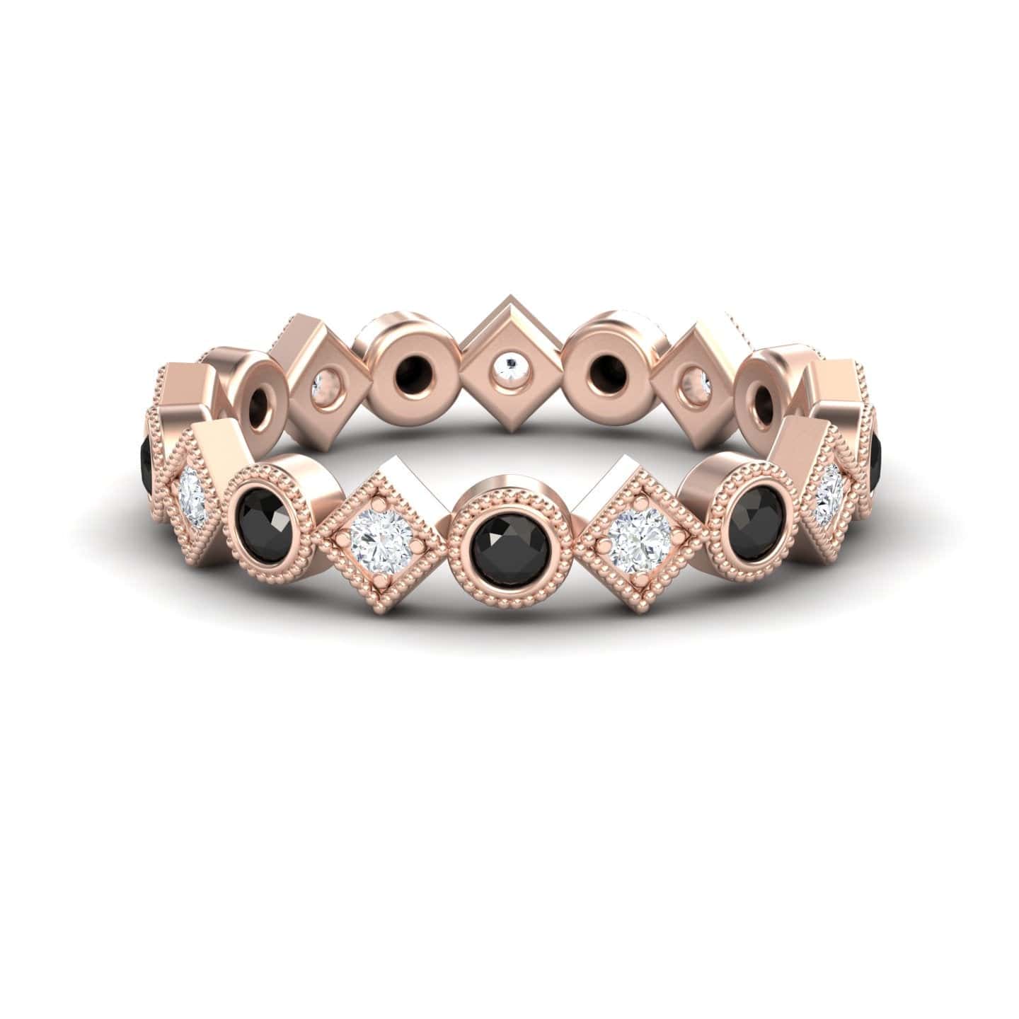The Black & White Diamond Geometric Eternity Band - Hetal is a rose gold ring with alternating black and white diamonds set in geometric square and circular bezels, arranged in a repeating pattern around the band.