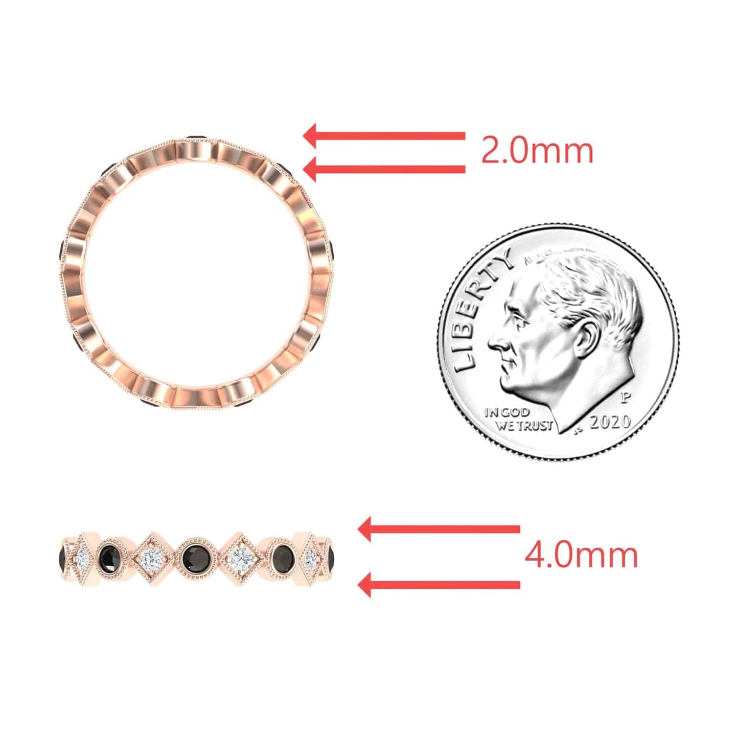 The Black & White Diamond Geometric Eternity Band - Hetal, in rose gold with alternating black and white stones, is shown next to a US dime for scale. Red arrows label the rings width as 2.0mm and thickness as 4.0mm.