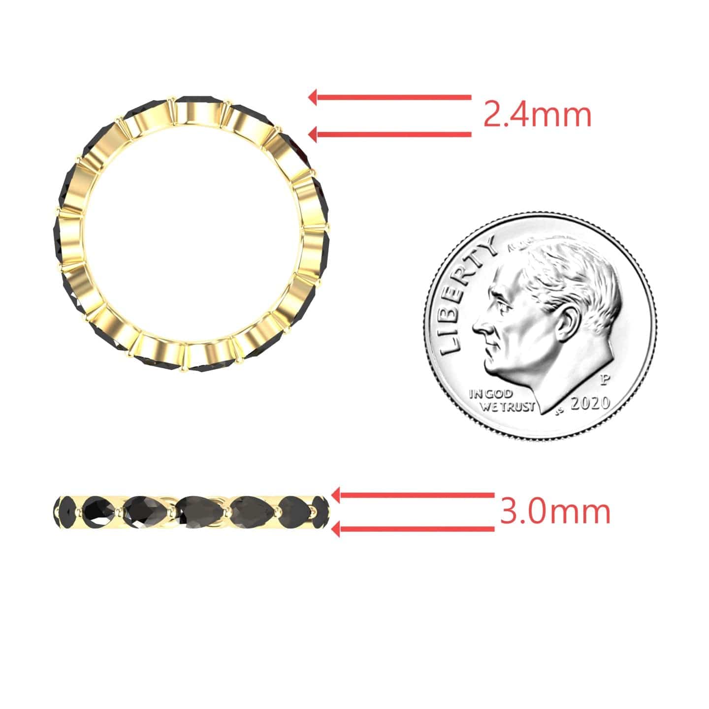 The Black Diamond Stackable Eternity Band - Kalyani is shown in gold and black from top and side views next to a US dime. For size comparison, the rings width is labeled 2.4mm and thickness is labeled 3.0mm.