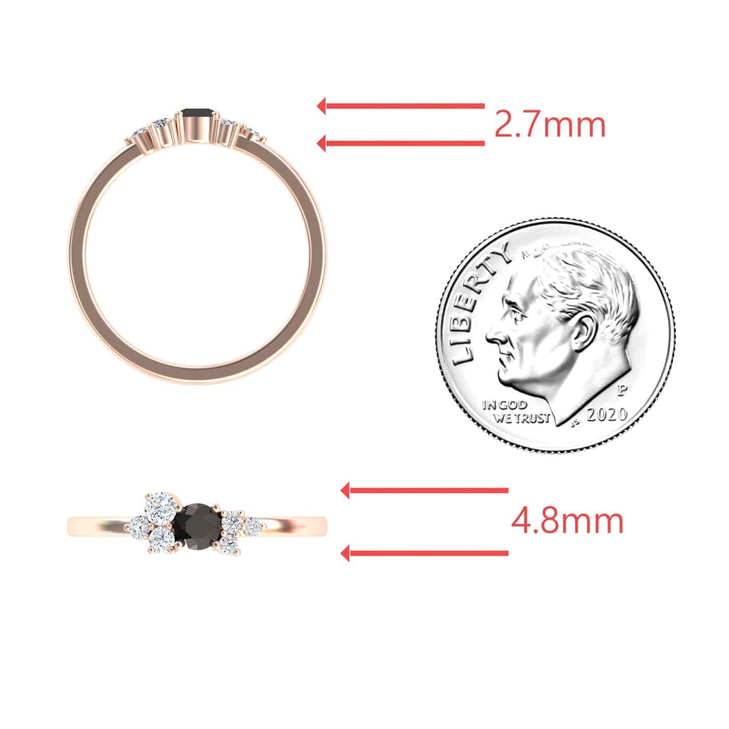 The Black & White Diamond Cluster Ring - Liana, featuring a center black stone and side diamonds, is shown next to a U.S. dime; red arrows mark its 2.7mm top width and 4.8mm front stone span.