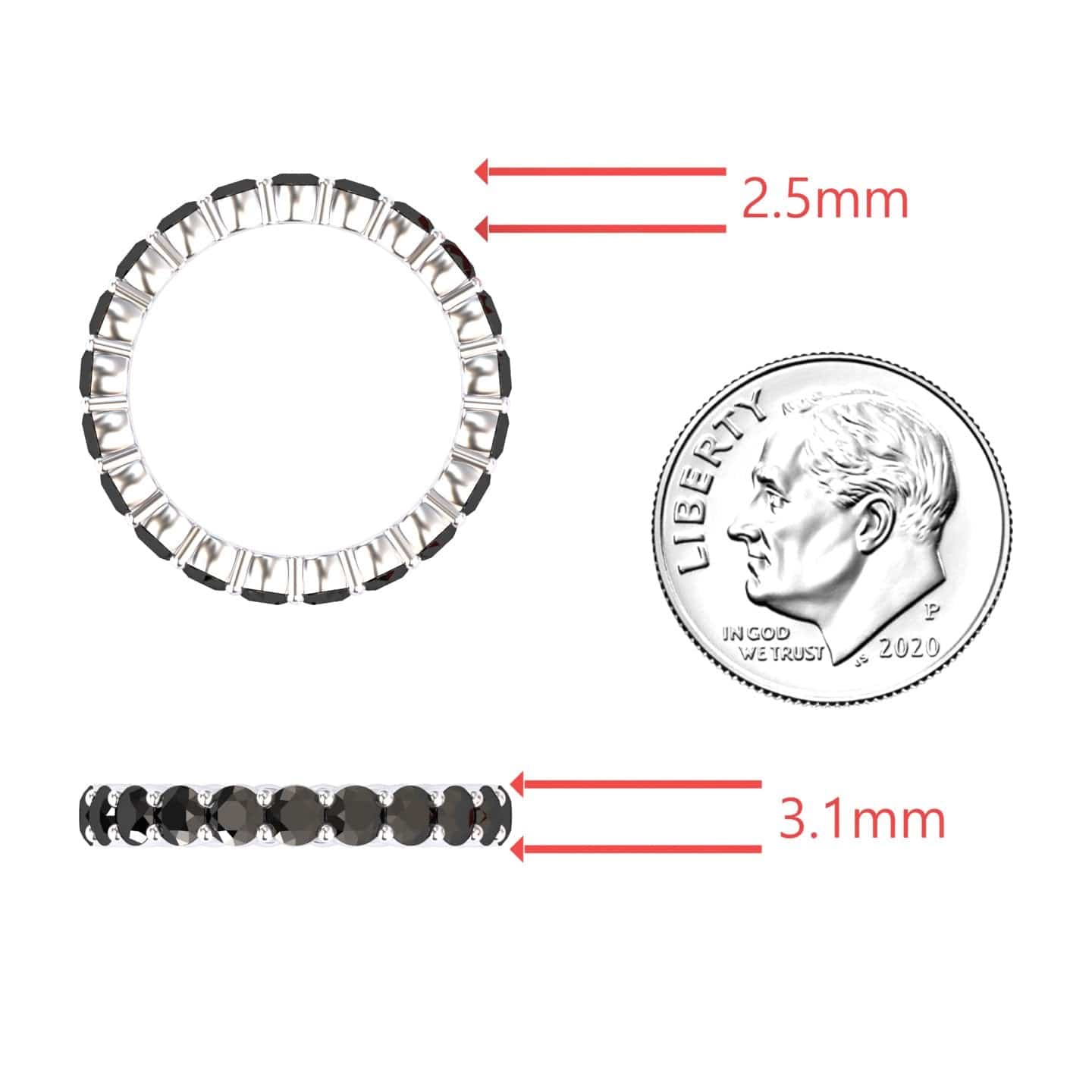 The Black Diamond Prong-Set Eternity Band - Mahira is shown beside a 2020 U.S. dime for size reference. Red arrows indicate the rings width as 2.5mm and height as 3.1mm.