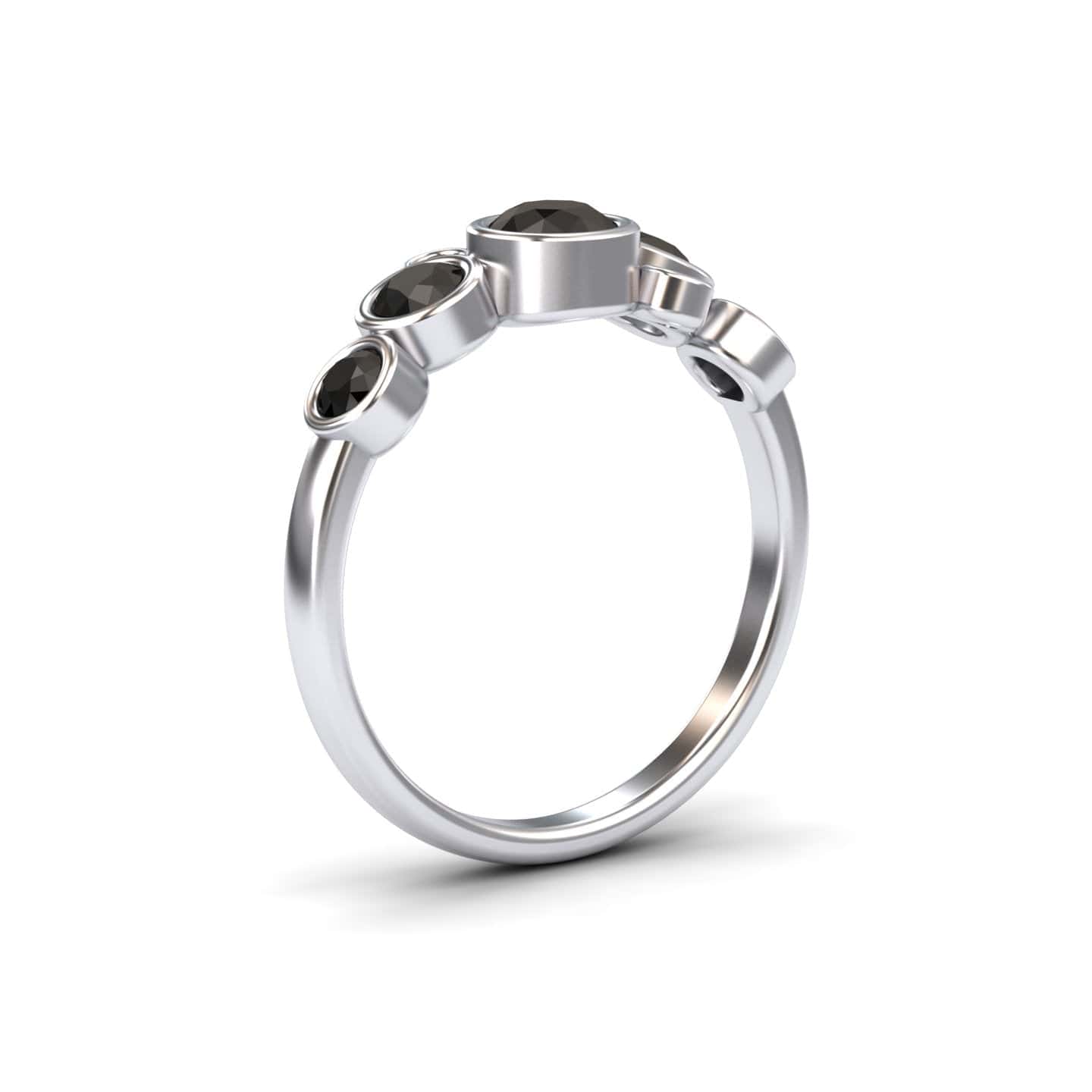 The Black Diamond Bubble Ring - Carmen features five round black diamonds of varying sizes in an asymmetrical silver setting, shown on a plain white background.