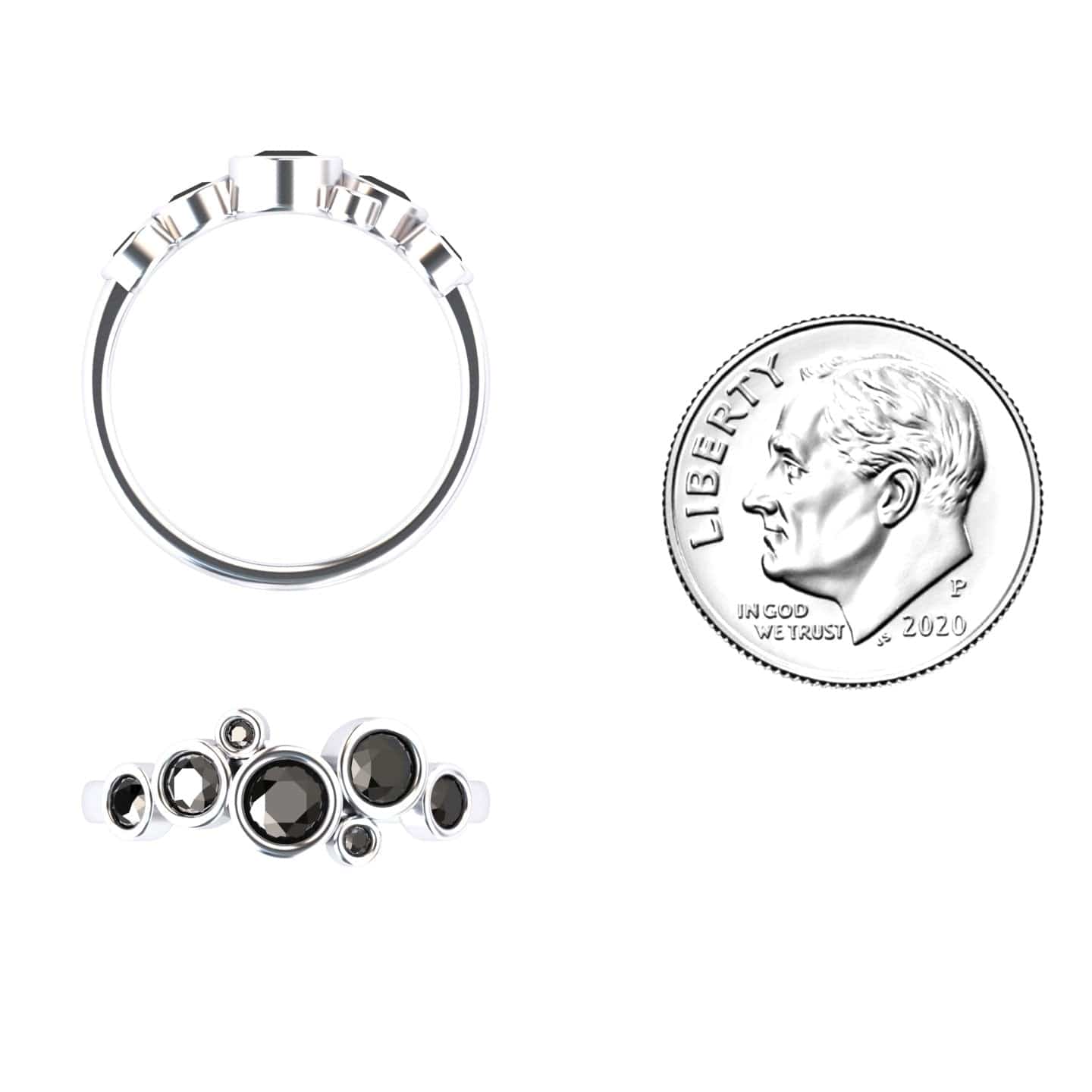 The Black Diamond Bubble Ring - Carmen, featuring multiple round black stones set in silver, is displayed from side and top views alongside a 2020 U.S. dime for size comparison.