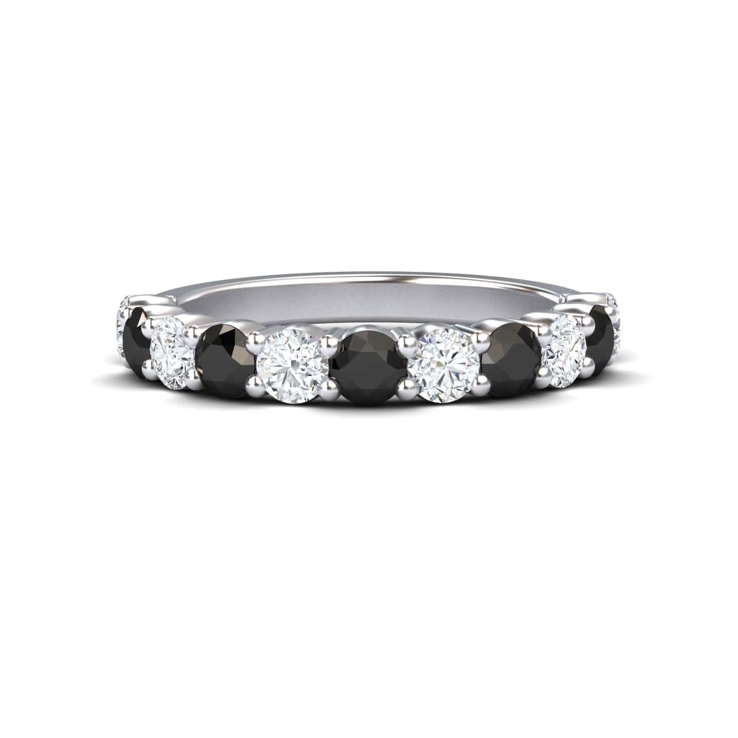 The Parveen Black & White Diamond Half Eternity Wedding Ring features alternating round black and white diamonds set in a continuous silver band.