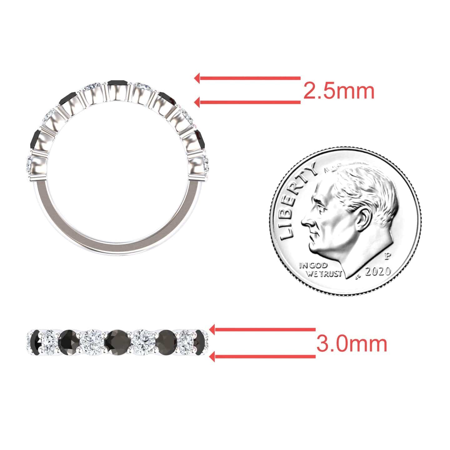 The Black & White Diamond Half Eternity Wedding Ring - Parveen is pictured beside a US dime for scale. Red arrows show the ring’s width as 2.5mm and 3.0mm from different angles.