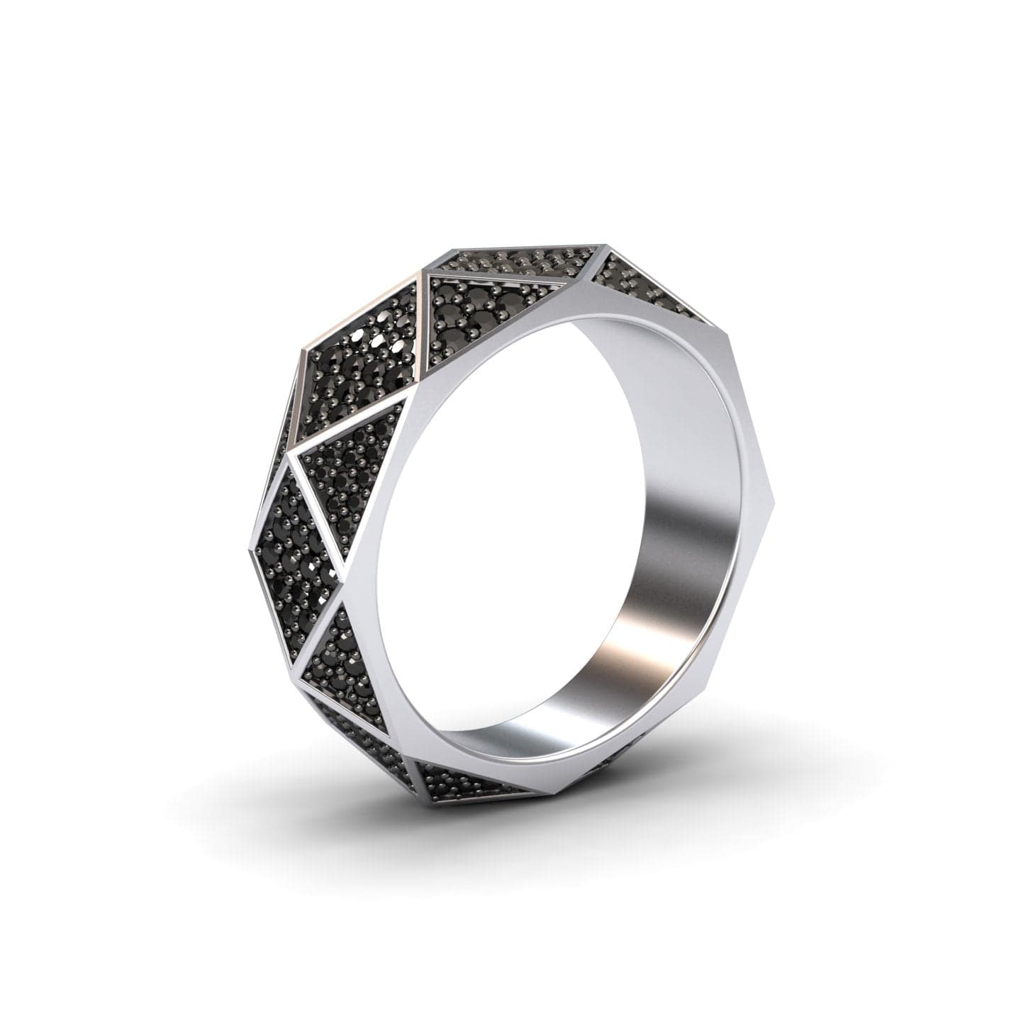 The Black Diamond Geometric Pave Set Statement Band - Blanca is a silver ring featuring black diamonds.