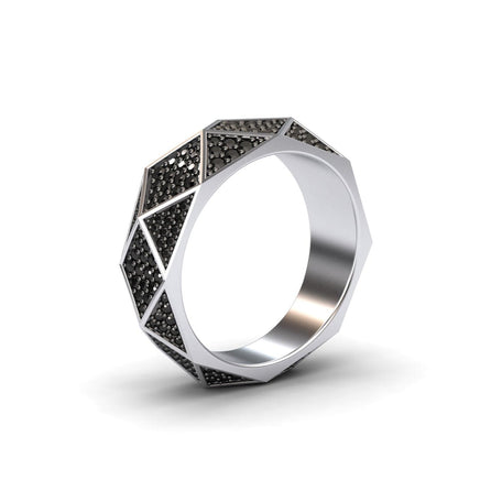 The Black Diamond Geometric Pave Set Statement Band - Blanca is a silver ring featuring black diamonds.