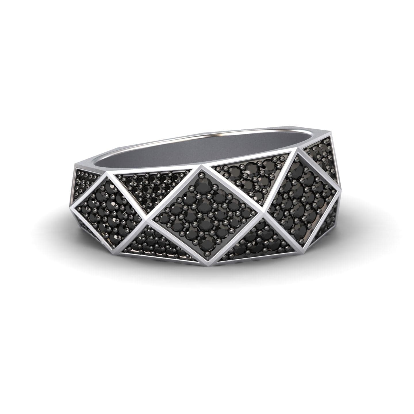 The Black Diamond Geometric Pave Set Statement Band - Blanca features alternating polished metal and black stones in a faceted, angular design for a bold, modern look.