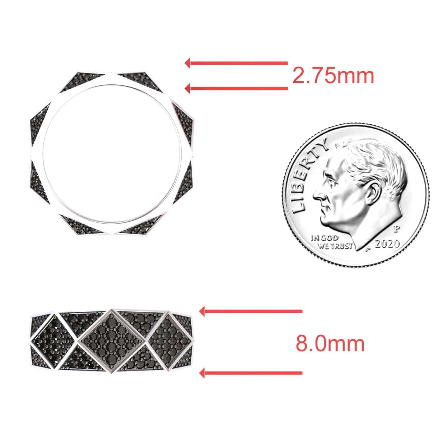 The Black Diamond Geometric Pave Set Statement Band - Blanca is shown next to a 2020 US dime for size reference. Red arrows indicate the band’s width as 2.75mm (top view) and 8.0mm (side view).
