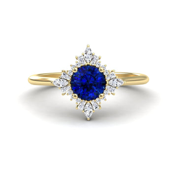 Blue Sapphire & Diamond Vintage-Inspired Starburst Ring - Delia