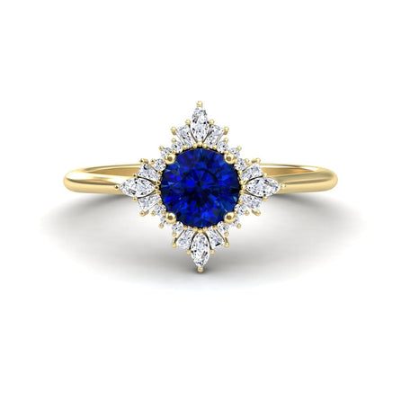 Blue Sapphire & Diamond Vintage-Inspired Starburst Ring - Delia