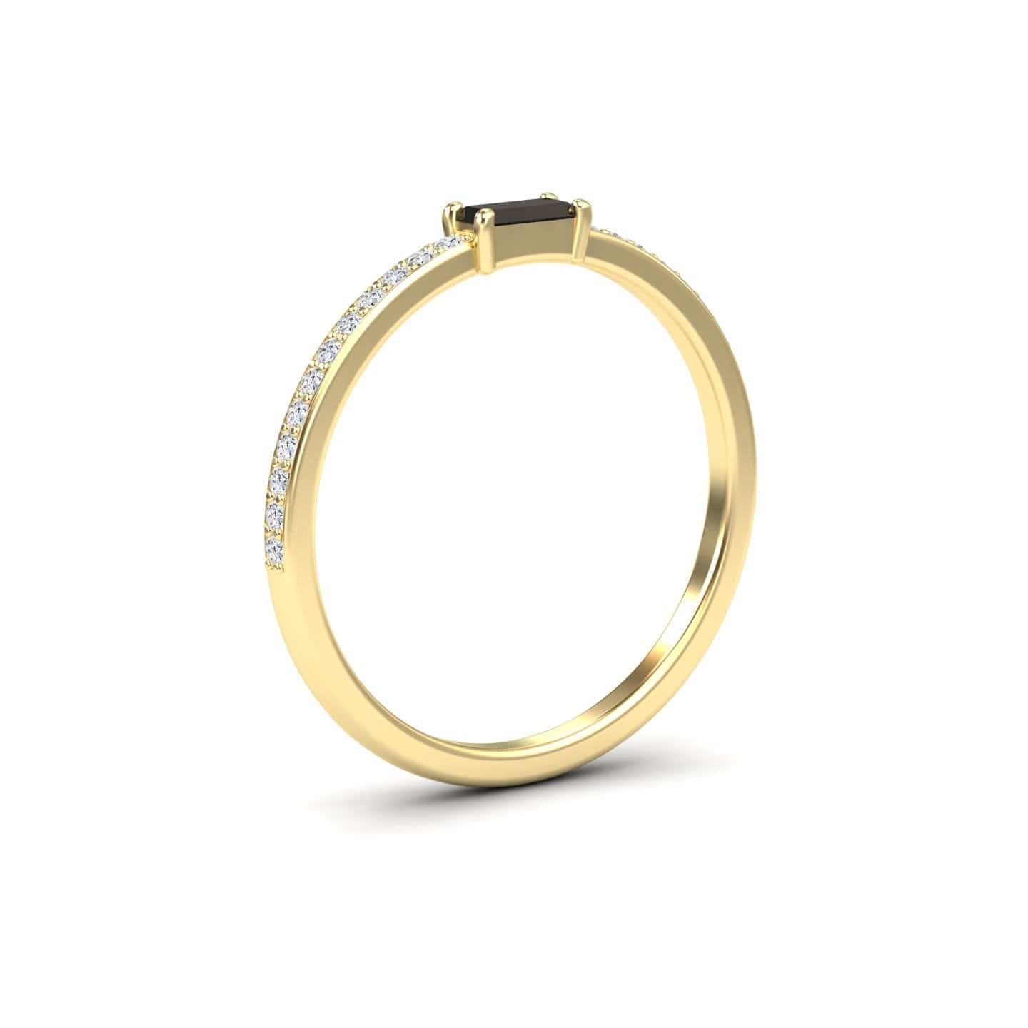 The Black & White Diamond Pave Ring - Dia is a slim gold band with small diamonds on the band and a rectangular black stone in a four-prong setting, shown on a white background.