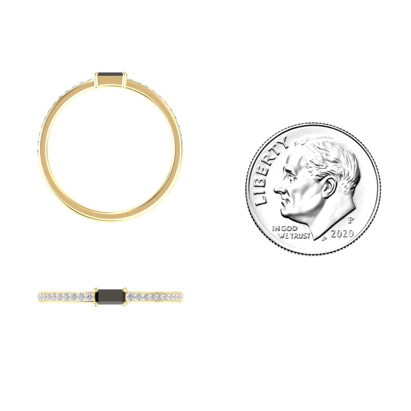 The Black & White Diamond Pave Ring - Dia features a gold band with a rectangular black stone and small clear stones, shown from top and side views beside a 2020 U.S. dime for size reference.